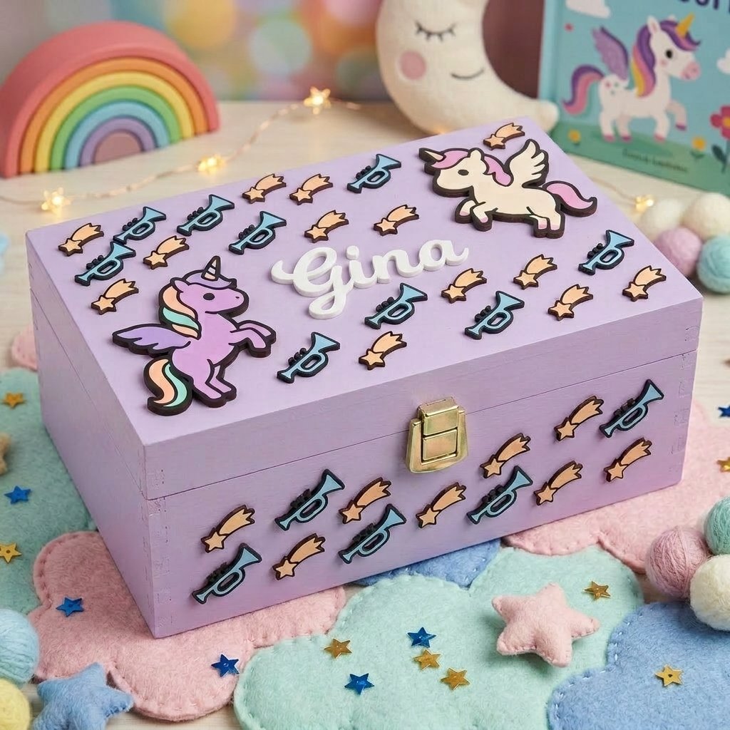 Schmuckkästchen und Erinnerungsbox aus fliederfarbenem Holz für Mädchen, personalisiert mit dem Namen Gina in weißem 3D, dekoriert mit Reliefapplikationen von Einhörnern, Sternen und Musikinstrumenten.