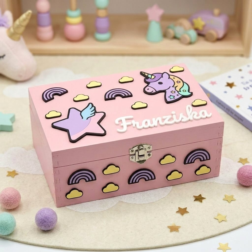 Erinnerungsbox aus rosa Holz für Mädchen, personalisiert mit dem Namen 'Franziska' in 3D. Dekoriert mit Reliefdetails im Einhorn-Stil, geflügeltem Stern, Regenbogen und Wölkchen. Ideal als Schmuckkästchen, Zimmerdekoration oder Geburtsgeschenk.
