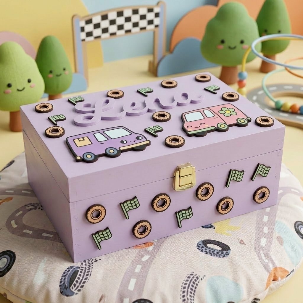 Personalisierte Erinnerungsbox aus lila Holz für Kinder mit dem Namen Lena in Relief, dekoriert mit Lieferwagen, Rädern und Schachbrettfähnchen.
