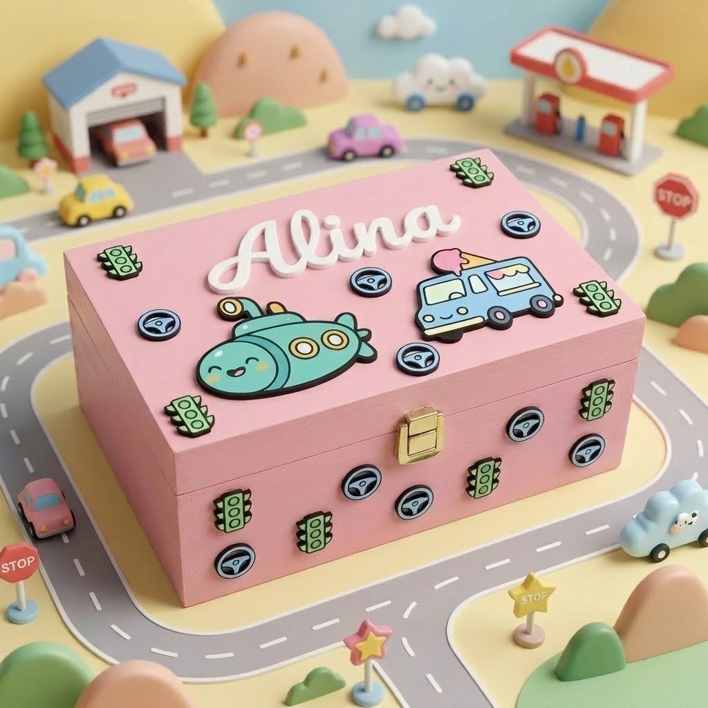 Personalisierte Erinnerungsbox aus rosa Holz mit dem Namen Alina in Relief. Dekoriert mit 3D-Applikationen zum Transportthema: ein grünes U-Boot, ein blauer Eiswagen, Ampeln und Lenkräder. Eingebettet in ein buntes Kinderspielzenario mit Spielzeugautos, Straßen und Miniaturgebäuden.