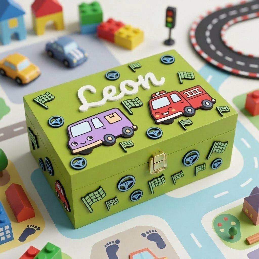 Personalisierte Erinnerungsbox aus grünem Holz für Kinder mit dem Namen Leon in Relief, dekoriert mit Feuerwehrauto, Lieferwagen, Lenkrädern und Schachbrett-Rennfähnchen.