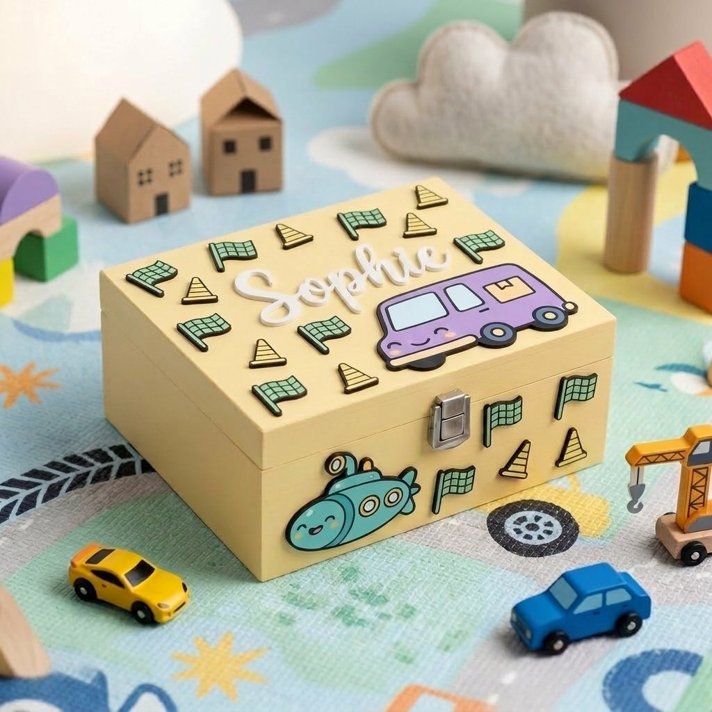 Personalisierte Erinnerungsbox aus Holz für Kinder mit dem Namen Sophie in Relief. Dekoriert mit Applikationen in Form eines lila Campers, eines blauen U-Boots, Schachbrettfähnchen und Kegeln. Spielzeug-Aufbewahrungsbox auf einem Teppich mit Spielzeugautos und Holzbausteinen.