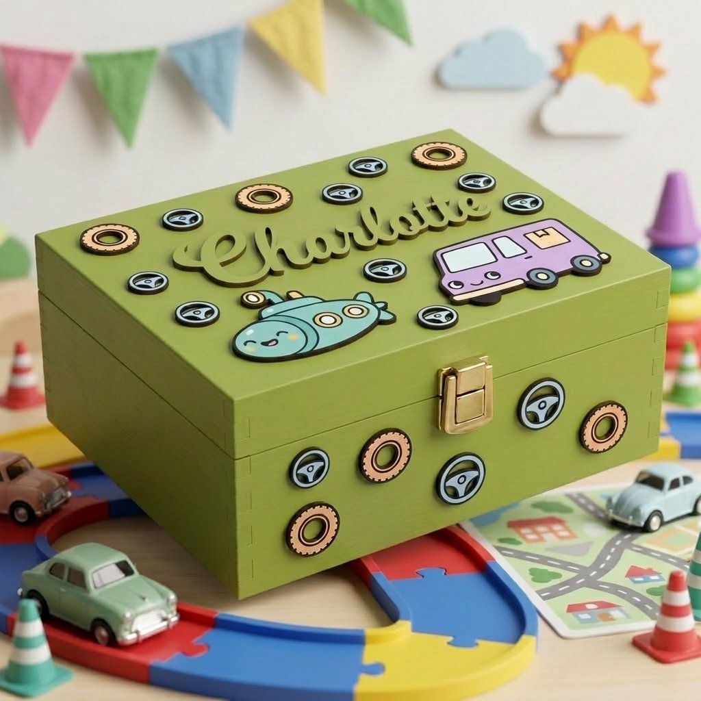 Personalisierte Spielzeug-Aufbewahrungsbox aus grünem Holz mit dem Namen Charlotte in Relief, dekoriert mit 3D-Applikationen zum Transportthema, darunter ein U-Boot, ein Lieferwagen, Räder und Lenkräder, mit goldfarbenem Metallverschluss, umgeben von Spielzeugautos und Kinderspielzeug.