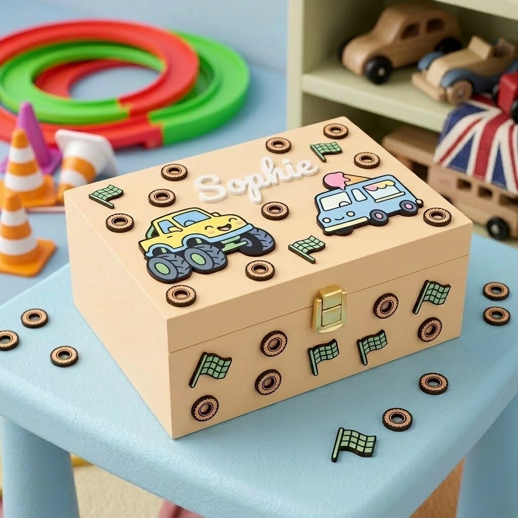 Personalisierte Holzbox mit dem Namen Sophie, dekoriert mit 3D-Applikationen zum Motorenthema, darunter ein gelber Monster-Truck, ein blauer Eiswagen, Schachbrettfähnchen und kleine Reifen. Ideal als Spielzeug-Aufbewahrungsbox oder Erinnerungsbox für Kinder.