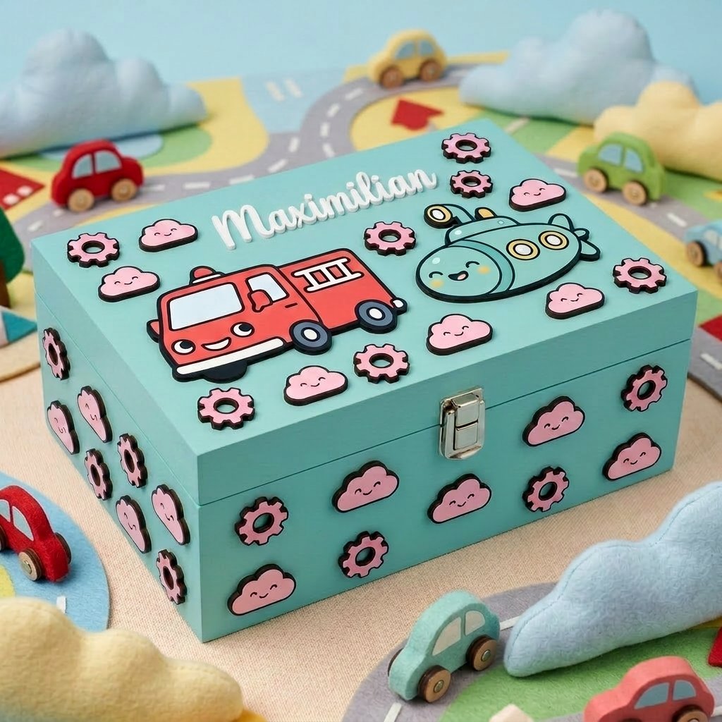 Personalisierte Erinnerungsbox aus hellblauem Holz für Kinder mit dem Namen Maximilian, dekoriert mit 3D-Reliefapplikationen eines roten Feuerwehrautos, eines U-Boots, lächelnder rosa Wölkchen und Zahnräder.
