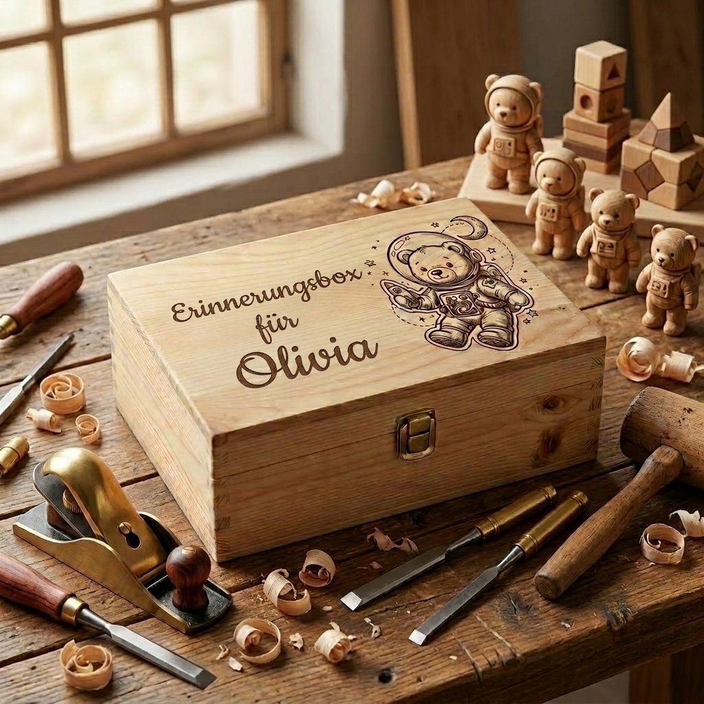 Personalisierte Erinnerungsbox aus handgefertigtem Holz mit Gravur des Namens Olivia und einem Astronautenteddybären, auf dem Arbeitstisch mit Tischlerwerkzeug.