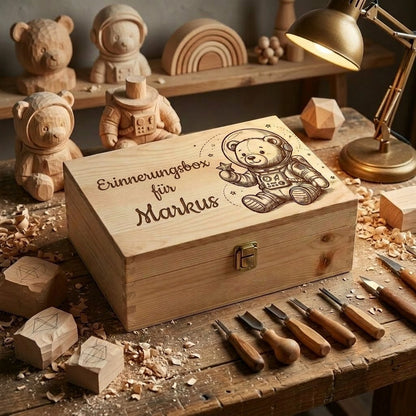 Personalisierte Holz-Erinnerungsbox mit dem Namen Markus und der Gravur eines Astronautenteddybären, handwerklicher Stil auf einer Werkbank mit Schnitzwerkzeug.