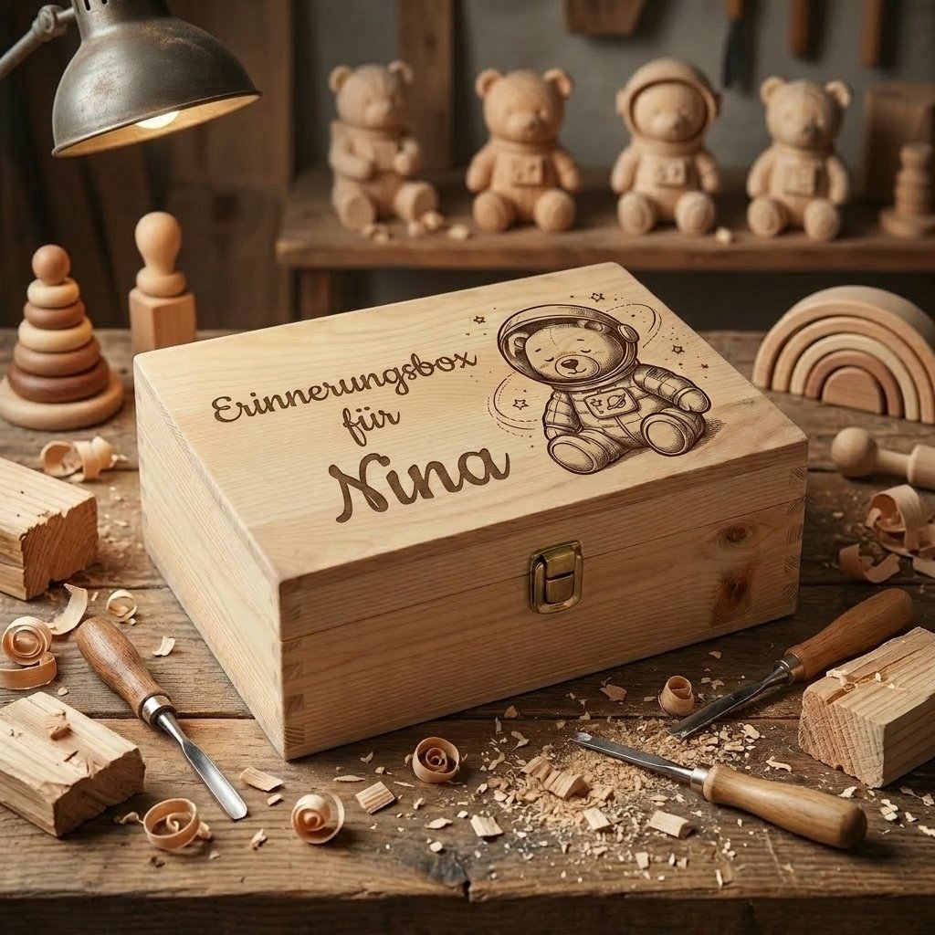 Personalisierte Holz-Erinnerungsbox mit der Gravur des Namens Nina und einem Astronautenteddybären, fotografiert auf einer handwerklichen Werkbank zwischen Holzspänen und Schnitzwerkzeug.