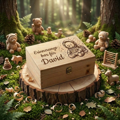Personalisierte Holz-Erinnerungsbox mit der Gravur „Erinnerungsbox für David“ und einem Astronautenteddybären, auf einem Baumstumpf in einem verzauberten Wald mit Moos und kleinen Holzspielzeugen.