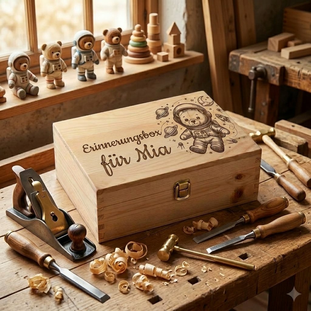 Personalisierte Holz-Erinnerungsbox mit dem Namen Mia und der Gravur eines Astronautenteddybären mit Planeten-Motiv, auf einer Zimmermannswerkbank mit Tischlerwerkzeug und Holzspänen.