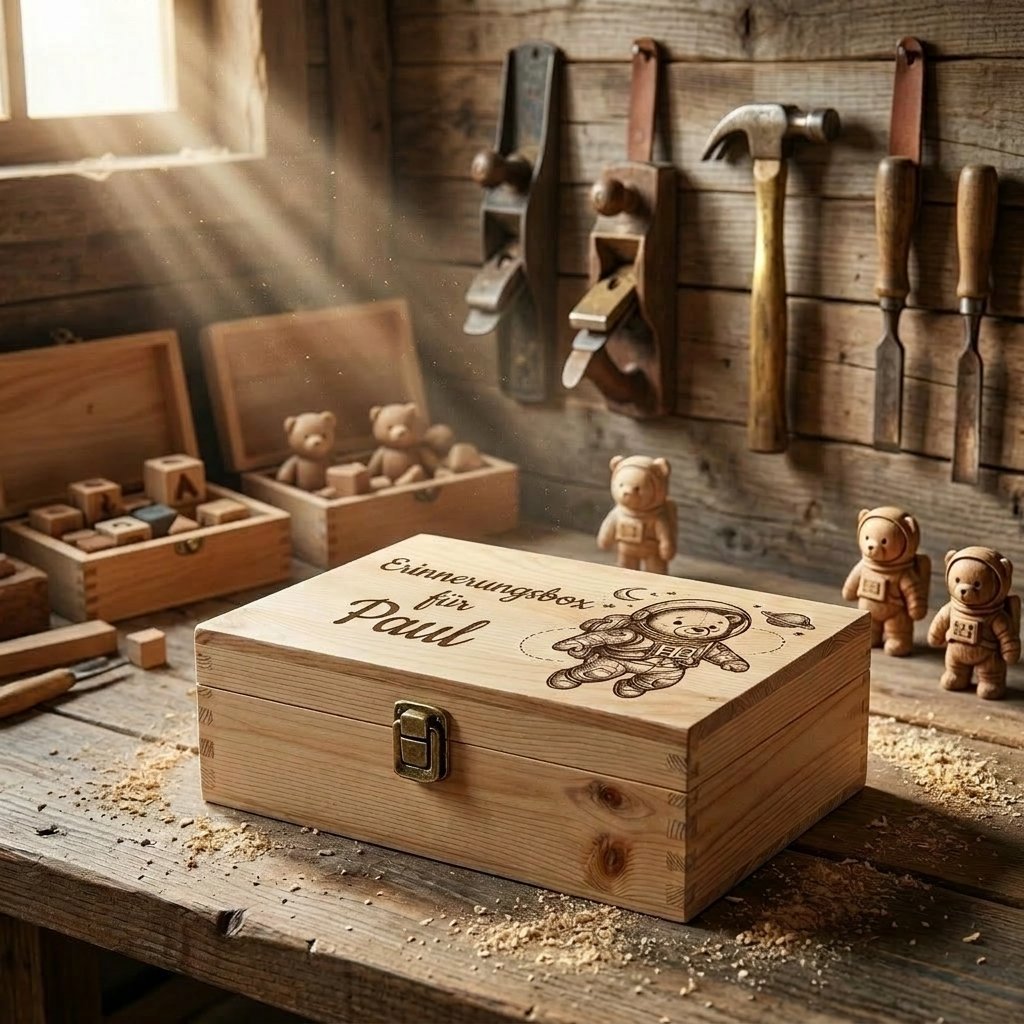 Personalisierte Holz-Erinnerungsbox mit der Gravur „Erinnerungsbox für Paul“ und dem Motiv eines Astronautenteddybären, auf einer rustikalen Zimmermannswerkbank mit Holzspänen, Werkzeug und Holzfigürchen.