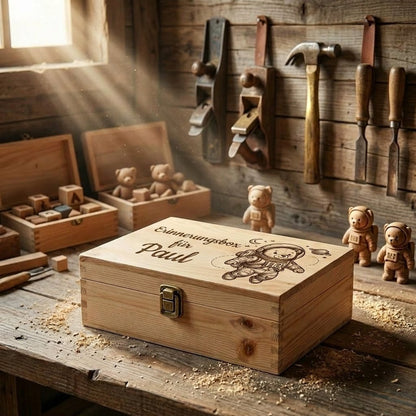 Personalisierte Holz-Erinnerungsbox mit der Gravur „Erinnerungsbox für Paul“ und dem Motiv eines Astronautenteddybären, auf einer rustikalen Zimmermannswerkbank mit Holzspänen, Werkzeug und Holzfigürchen.
