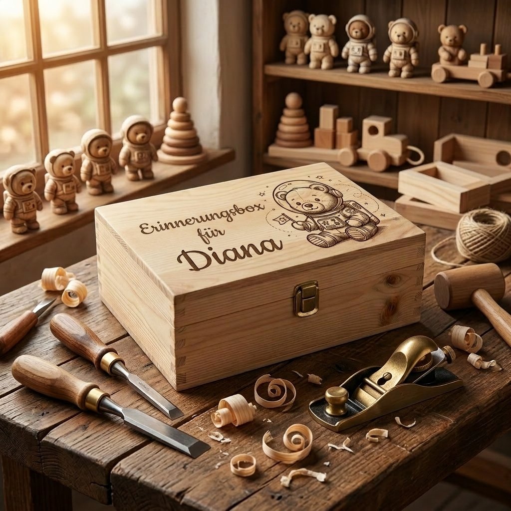 Personalisierte Holz-Erinnerungsbox mit dem Namen Diana und der Gravur eines Astronautenteddybären, handwerkliche Bearbeitung auf einer Zimmermannswerkbank mit Werkzeug und Spänen.