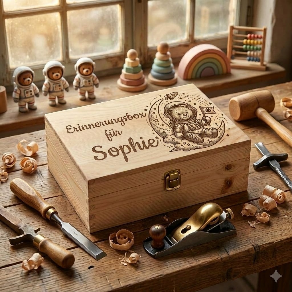 Personalisierte Holz-Erinnerungsbox mit dem Namen Sophie und einer Lasergravur eines Astronautenteddybären auf dem Mond, fotografiert auf einer Zimmermannswerkbank mit handwerklichem Werkzeug und Holzspänen.