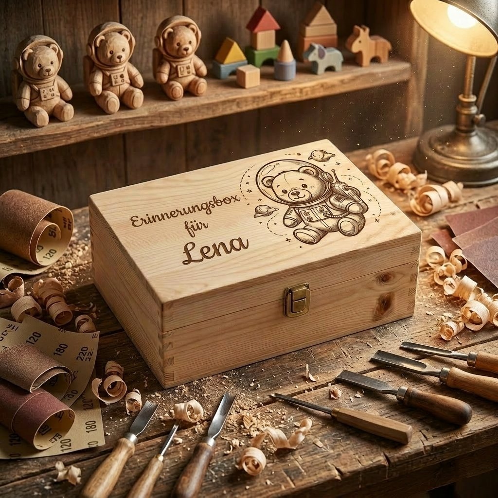 Personalisierte Holz-Erinnerungsbox mit der Gravur eines Astronautenteddybären und der Aufschrift „Erinnerungsbox für Lena“, mit Metallverschluss. Die handgefertigte Schatulle liegt auf einer rustikalen Holzwerkbank, umgeben von Spänen, Schleifpapierrollen und Schnitzeisen. Im Hintergrund ein Regal mit Holzspielzeug und einer eingeschalteten Tischlampe.