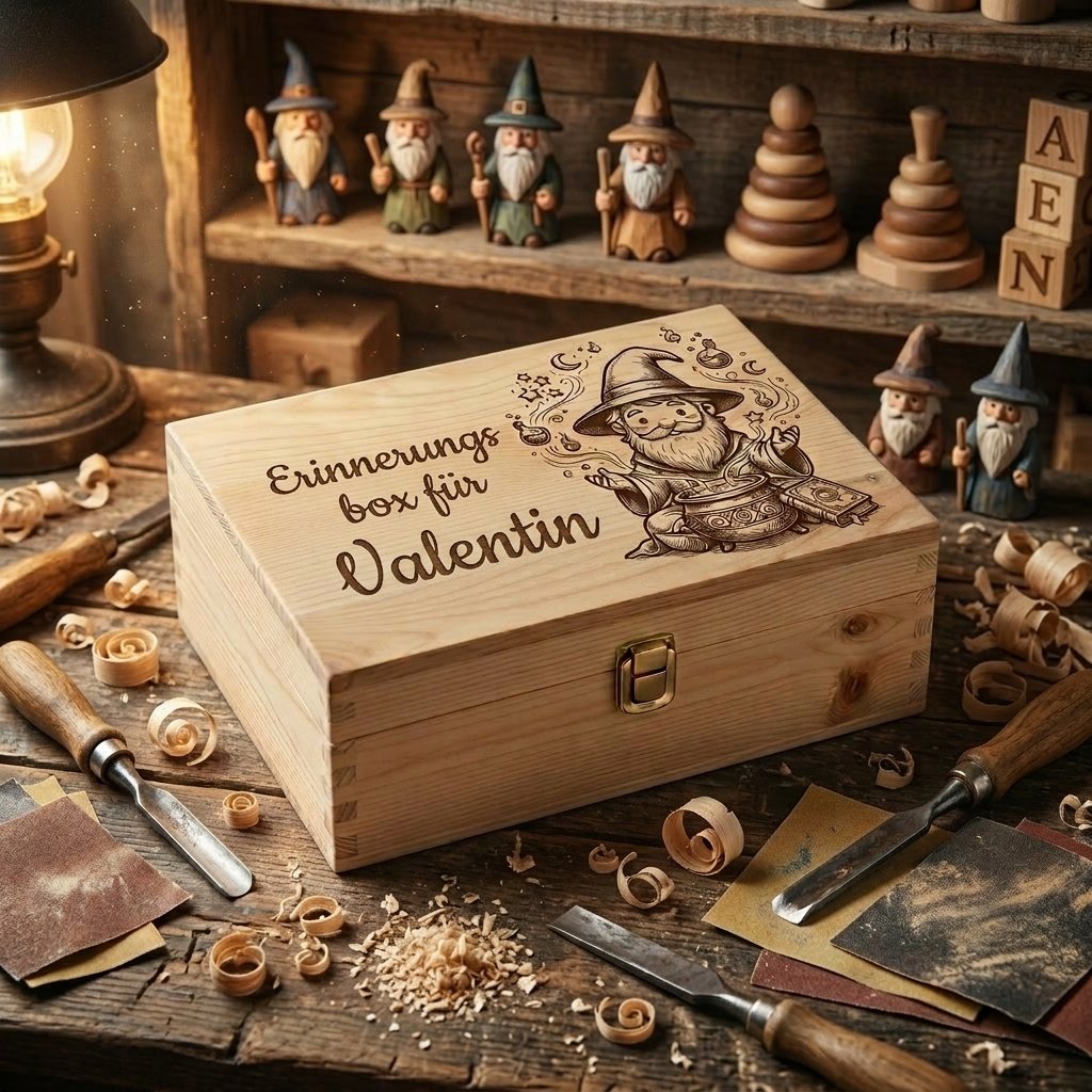 Erinnerungsbox aus Holz mit Lasergravur Thema Zauberer personalisiert für Valentin, Gravur kleiner Zauberer mit Kessel und Zauberbuch, Geschenk Junge