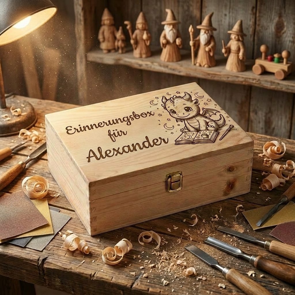 Erinnerungsbox aus Holz mit Lasergravur Thema Zauberer personalisiert für Alexander, Gravur kawaii Drache mit Zauberbuch, Geschenk zur Geburt Junge