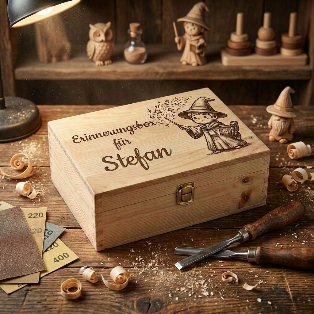 Erinnerungsbox aus Holz mit Lasergravur Thema Zauberer personalisiert für Stefan, Gravur kleiner Junge mit Zauberstab und Zauberbuch, Geschenk Junge