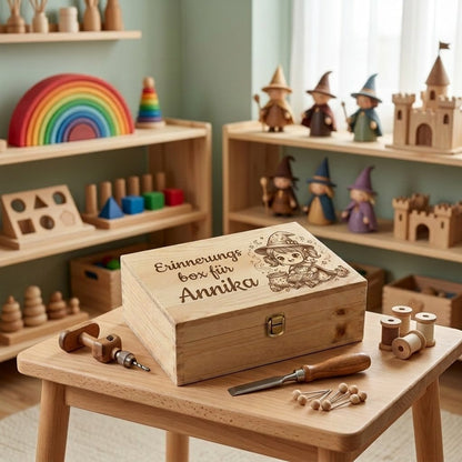 Erinnerungsbox aus Holz mit Lasergravur Thema Zauberer personalisiert für Annika, Gravur kleines Zaubermädchen mit Zauberstab und Buch, Geschenk zur Geburt Mädchen