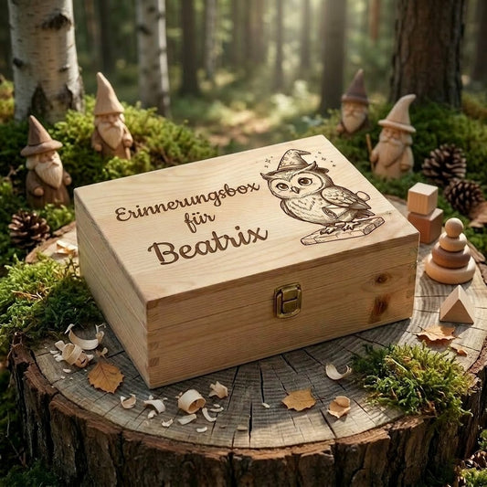 Erinnerungsbox aus Holz mit Lasergravur Thema Zauberer personalisiert für Beatrix, Gravur Zaubereule mit Pergament, Geschenk zur Geburt Mädchen