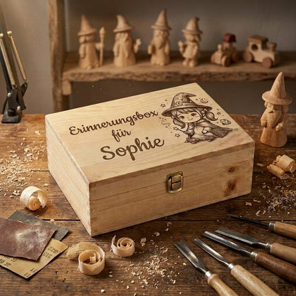 Erinnerungsbox aus Holz mit Lasergravur Thema Zauberer personalisiert für Sophie, Gravur Zaubermädchen mit Zöpfen und Zauberstab, Geschenk Mädchen