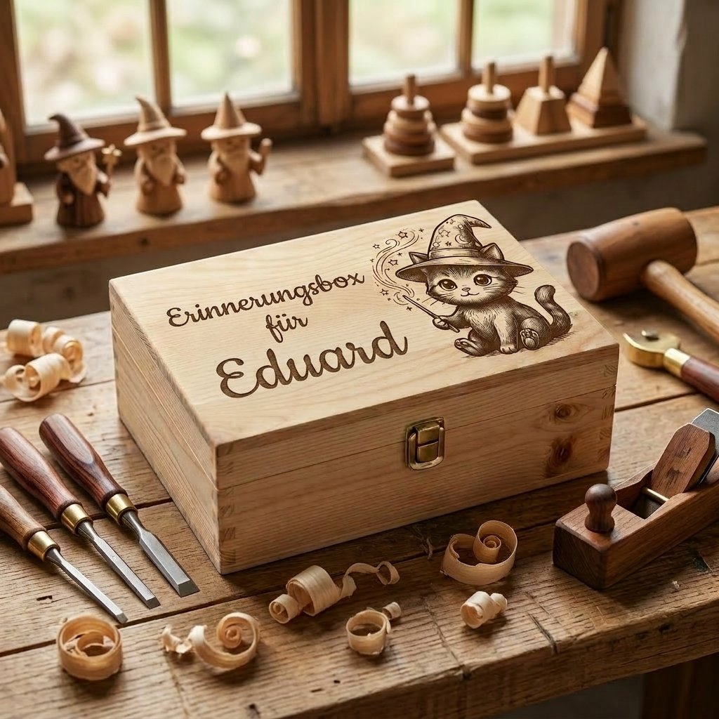 Erinnerungsbox aus Holz mit Lasergravur Thema Zauberer personalisiert für Eduard, Gravur Zauberkätzchen mit Sternenhut, Geschenk zur Geburt Junge