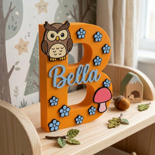 Dekorativer orangefarbener Standbuchstabe B personalisiert mit dem Namen Bella in hellblauer Kursivschrift. 3D-Dekoration fürs Kinderzimmer im Waldthema mit brauner Eule, rosa Pilz und kleinen blauen Blumen, platziert auf einem Holzregal.