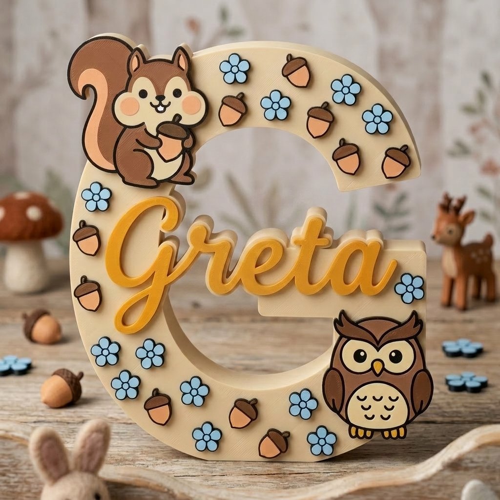 Personalisierter 3D-Anfangsbuchstabe G mit dem Namen Greta. Kinderzimmerdekoration mit Waldmotiv – Eichhörnchen, Eule, Eicheln und blaue Blumen.