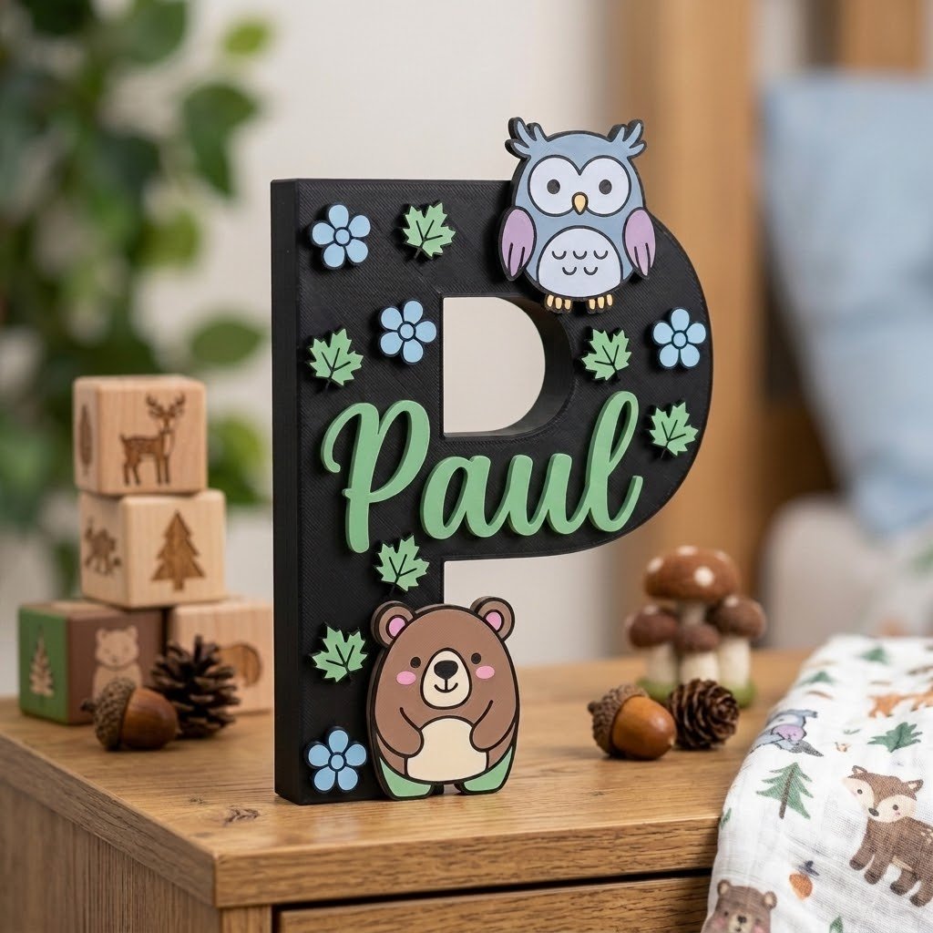 Dekorativer 3D-Buchstabe P in Schwarz, personalisiert mit dem Namen Paul in Grün, Waldtier-Motiv mit blauer Eule, braunem Bären, Blättern und Blumen, ideal als Kinderzimmer-Dekoration.