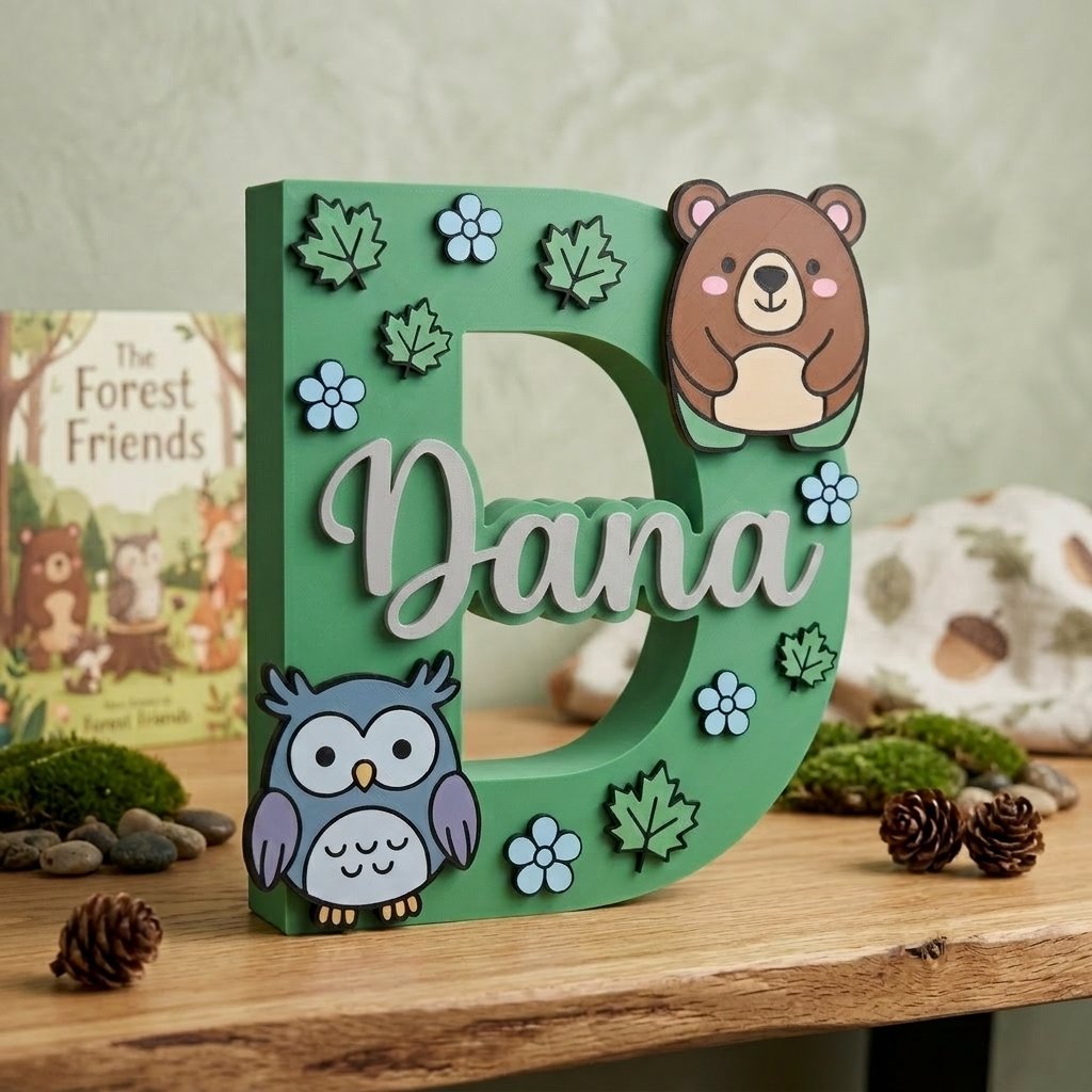 Buchstabe D personalisiert mit dem Namen Dana in 3D, grüne Dekoration für das Kinderzimmer mit Waldthema, Bär, Eule, Blättern und Blumen.