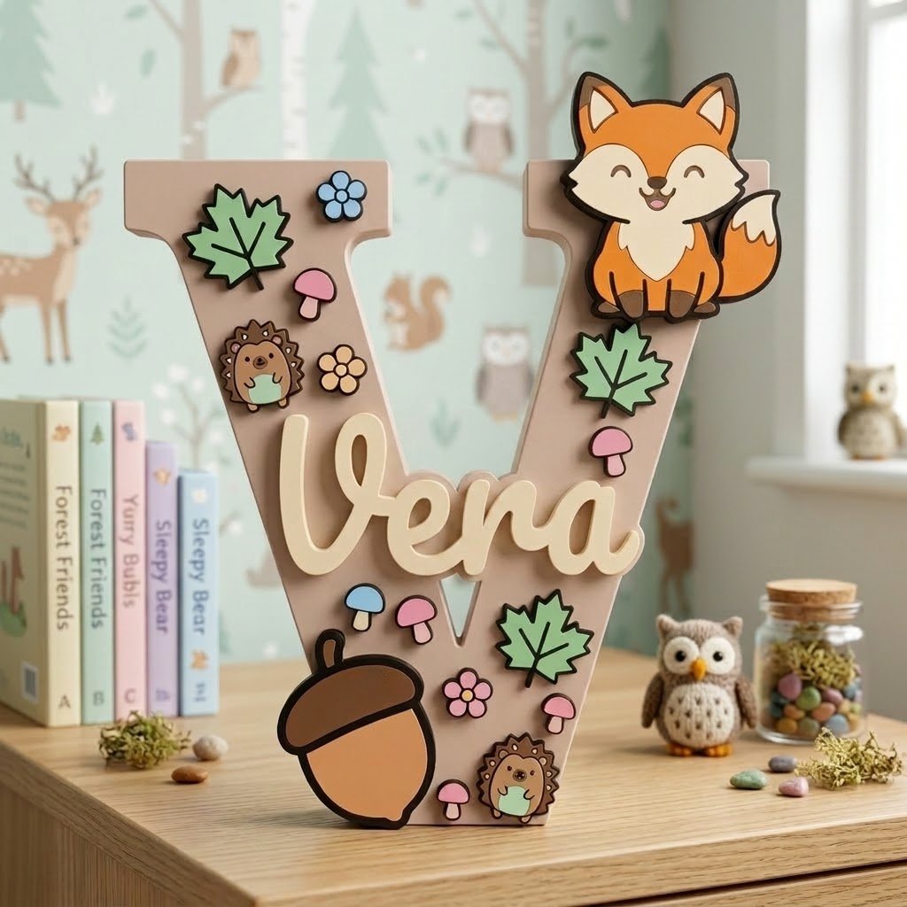Holzbuchstabe V personalisiert mit dem Namen Vera, Kinderzimmerdekoration mit Waldtier-Motiv mit Fuchs, Igeln, Eichel, Pilzen und Blättern.