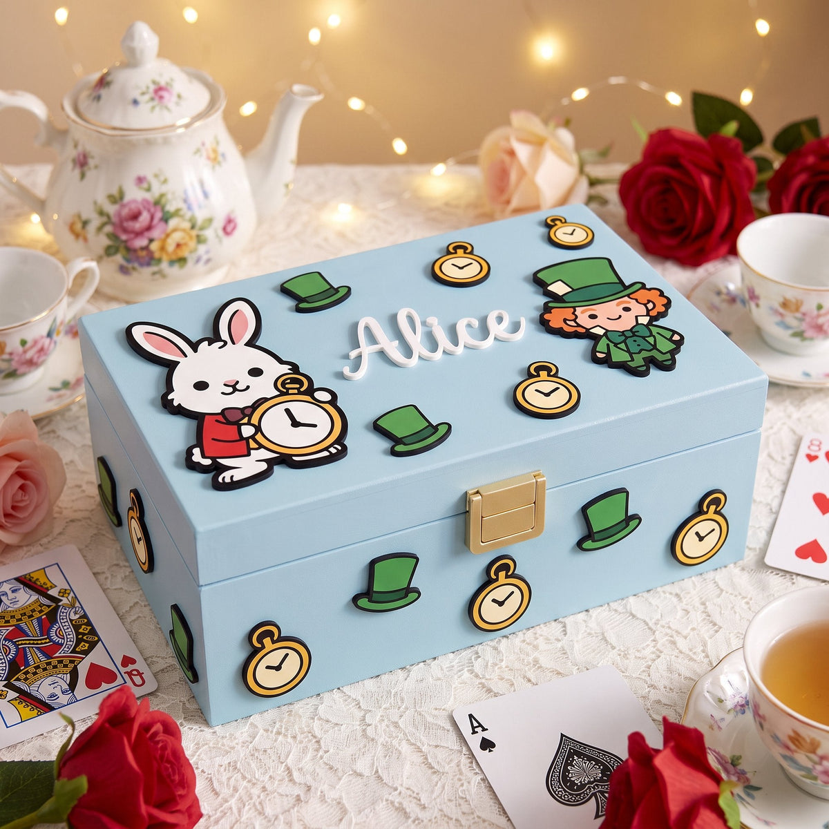 Dunkelgrüne Erinnerungsbox, Deckel aus der Nähe: Alice und Weißes Kaninchen, Herzen, Taschenuhren und der Name Alice