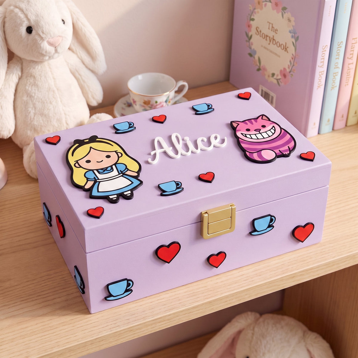 Lila Erinnerungsbox mit Alice und Grinsekatze, Teetassen und Herzen, Name in weißer Schreibschrift, im Kinderzimmer