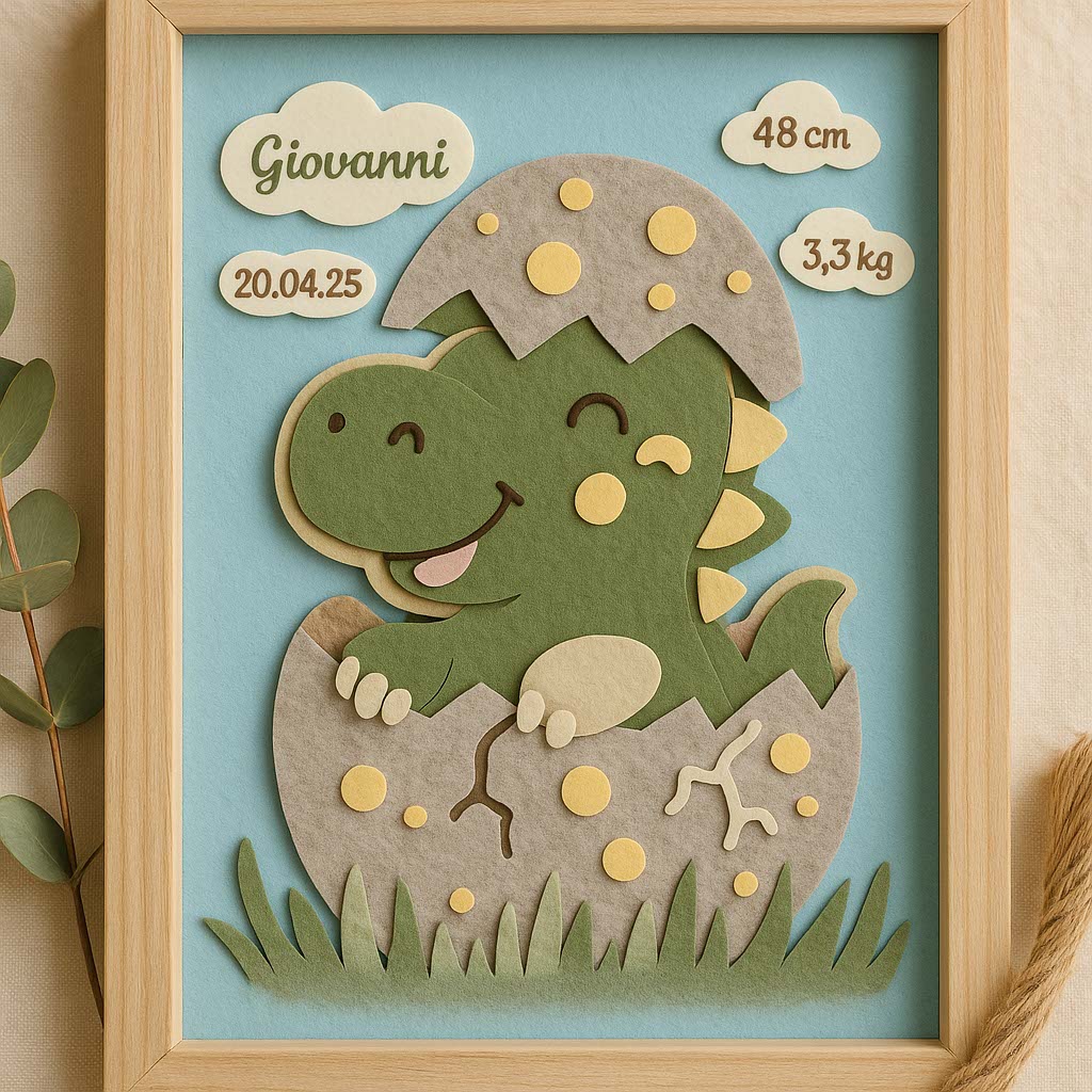 Geburtsbild Dinosaurier aus Filz auf hellblauem Grund, Name Giovanni, Geburtsdatum, 48 cm und 3,3 kg in den Wölkchen