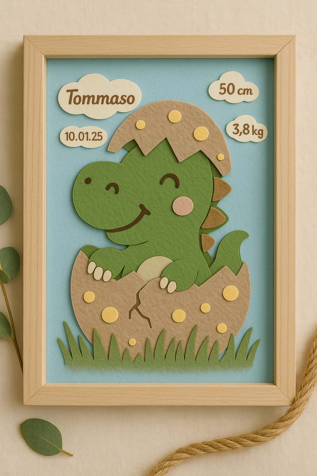 Geburtsbild Dinosaurier aus Filz, Name Tommaso auf hellblauem Grund, 50 cm und 3,8 kg, Rahmen aus hellem Holz