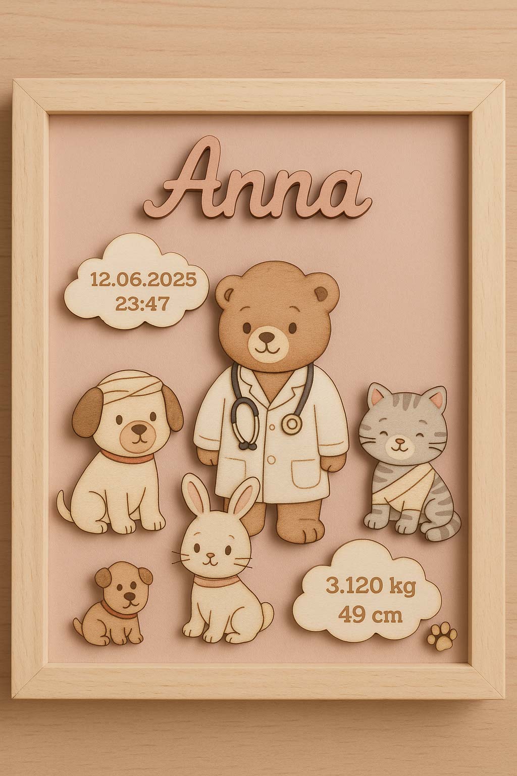 Geburtsbild Tierarzt: Name Anna, Teddybär im Kittel mit Hund, Katze und Häschen, Geburtsdaten in den Wolken, rosa Grund