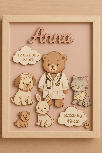 Geburtsbild Tierarzt: Name Anna, Teddybär im Kittel mit Hund, Katze und Häschen, Geburtsdaten in den Wolken, rosa Grund