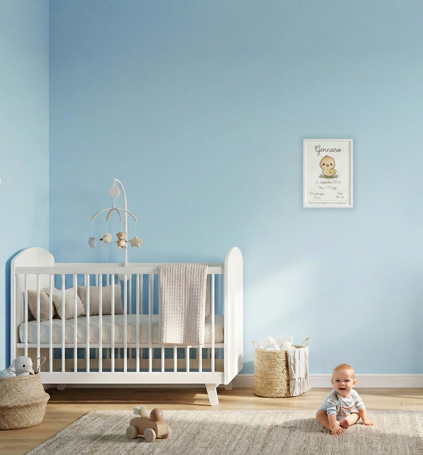 Personalisiertes Geburtsposter über einem weißen Babybett in hellblauem Kinderzimmer, als Deko-Idee fürs Babyzimmer