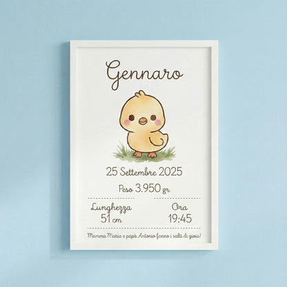 Geburtsposter mit Aquarell-Küken, Name Gennaro und Geburtsdaten, weißer Rahmen 20×30 cm, hellblauer Hintergrund