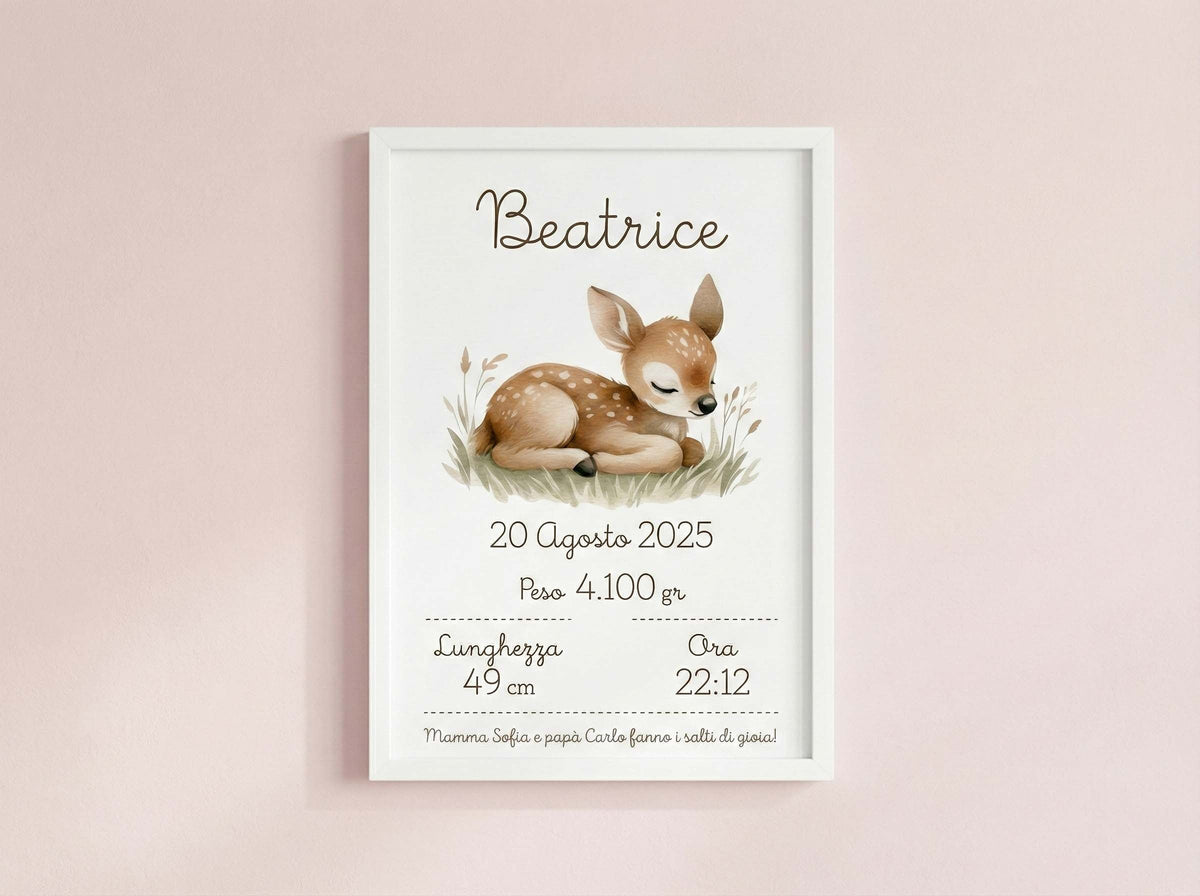 Geburtsposter mit Rehkitz-Motiv, Name Beatrice und Geburtsdaten, weißer Rahmen 20×30 cm, rosa Hintergrund