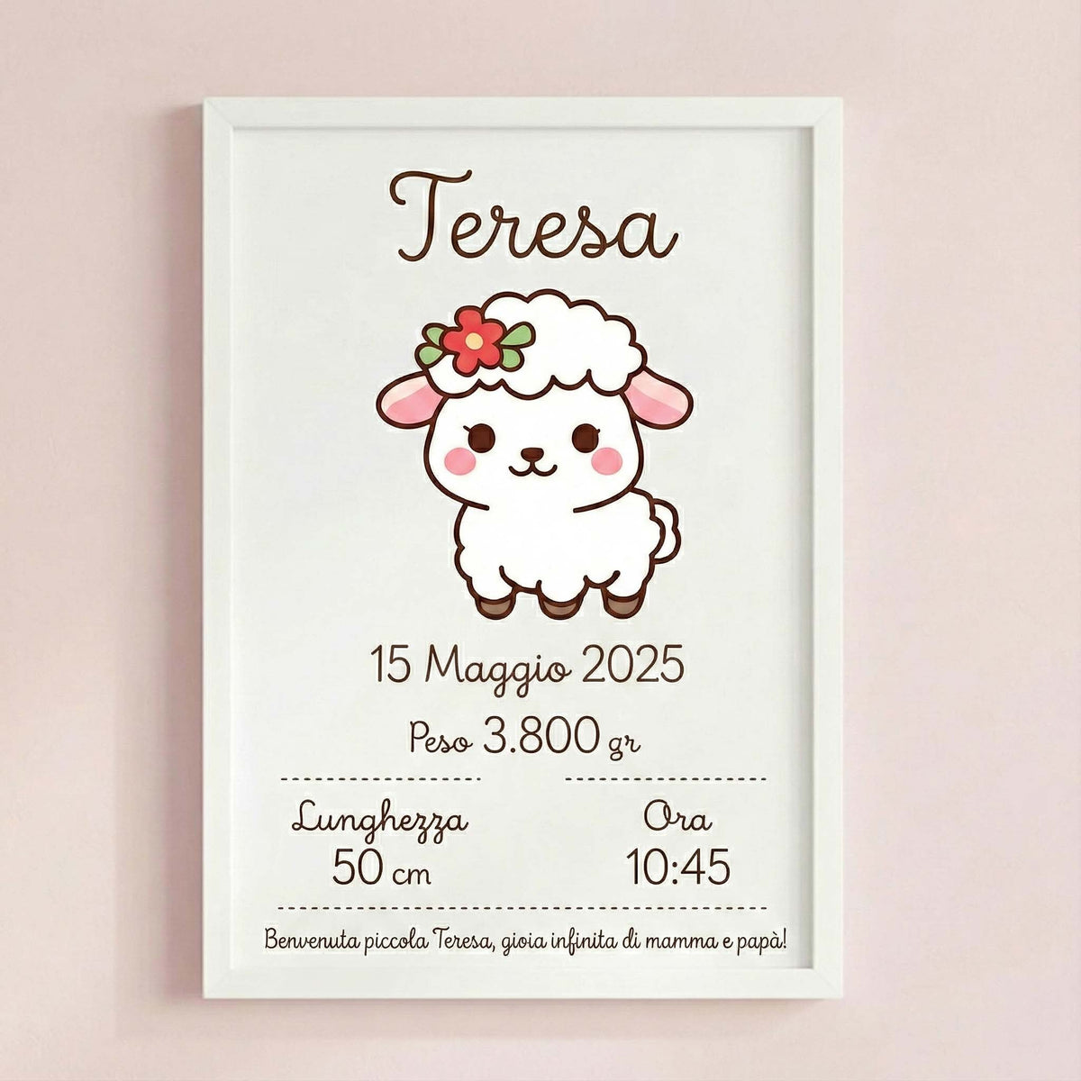 Geburtsposter mit Schäfchen-Motiv, Name Teresa und Geburtsdaten, weißer Rahmen 20×30 cm, rosa Hintergrund