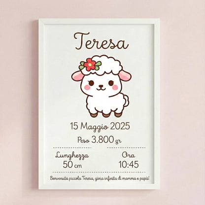 Geburtsposter mit Schäfchen-Motiv, Name Teresa und Geburtsdaten, weißer Rahmen 20×30 cm, rosa Hintergrund