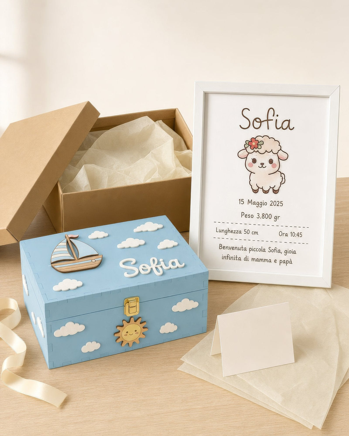 Geschenkset mit Geschenkverpackung: Kraftpapier-Box, Seidenpapier, Band und Kärtchen neben Box und Geburtsbild