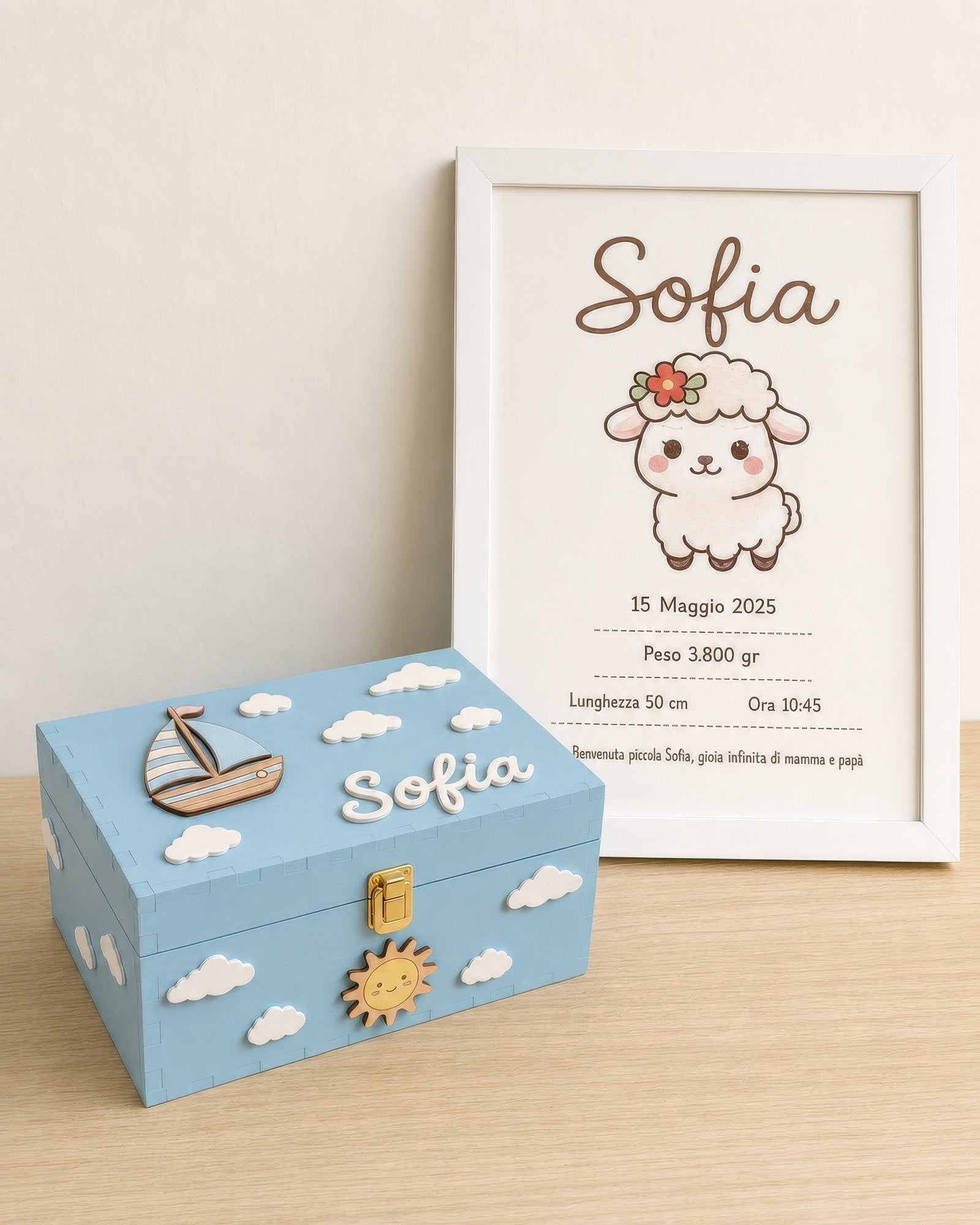 Personalisiertes Geschenkset: hellblaue Erinnerungsbox mit Boot und Geburtsbild Sofia im weißen Rahmen