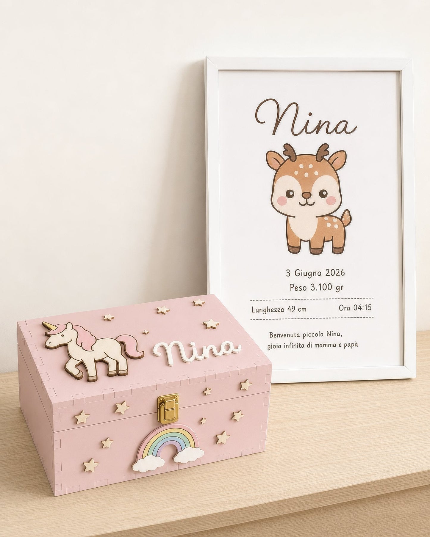 Set-Motiv Einhorn: rosa Box mit Einhorn, Regenbogen und Sternen, Geburtsbild mit Rehkitz, Name Nina