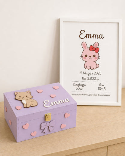 Set-Motiv Kätzchen: fliederfarbene Box mit Katze und Herzen, Geburtsbild mit Häschen, Name Emma