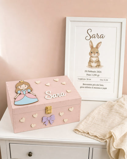 Set-Motiv Prinzessin: rosa Box mit Prinzessin, Schleife und Herzen, Geburtsbild mit Häschen, Name Sara