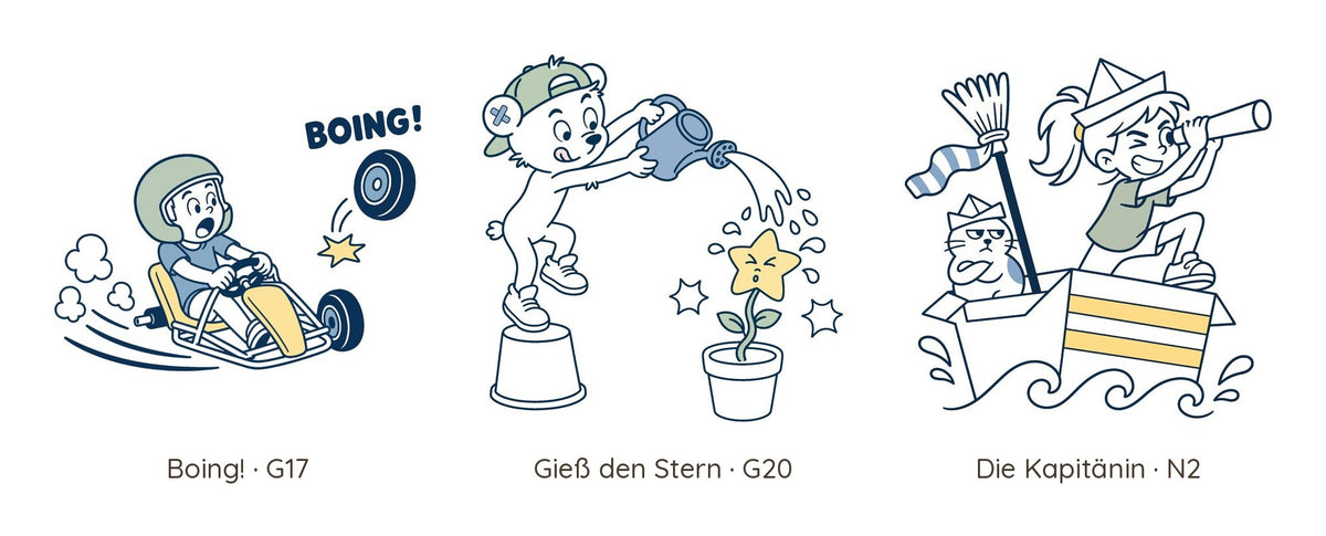 Tafel mit den drei Motiven: Go-Kart «Boing!», Bärchen mit Stern, Kapitänin mit Fernrohr und Katze