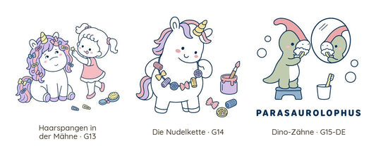 Die drei Motive: Einhorn mit Haarspangen, Einhorn mit Nudelkette, Parasaurolophus beim Zähneputzen