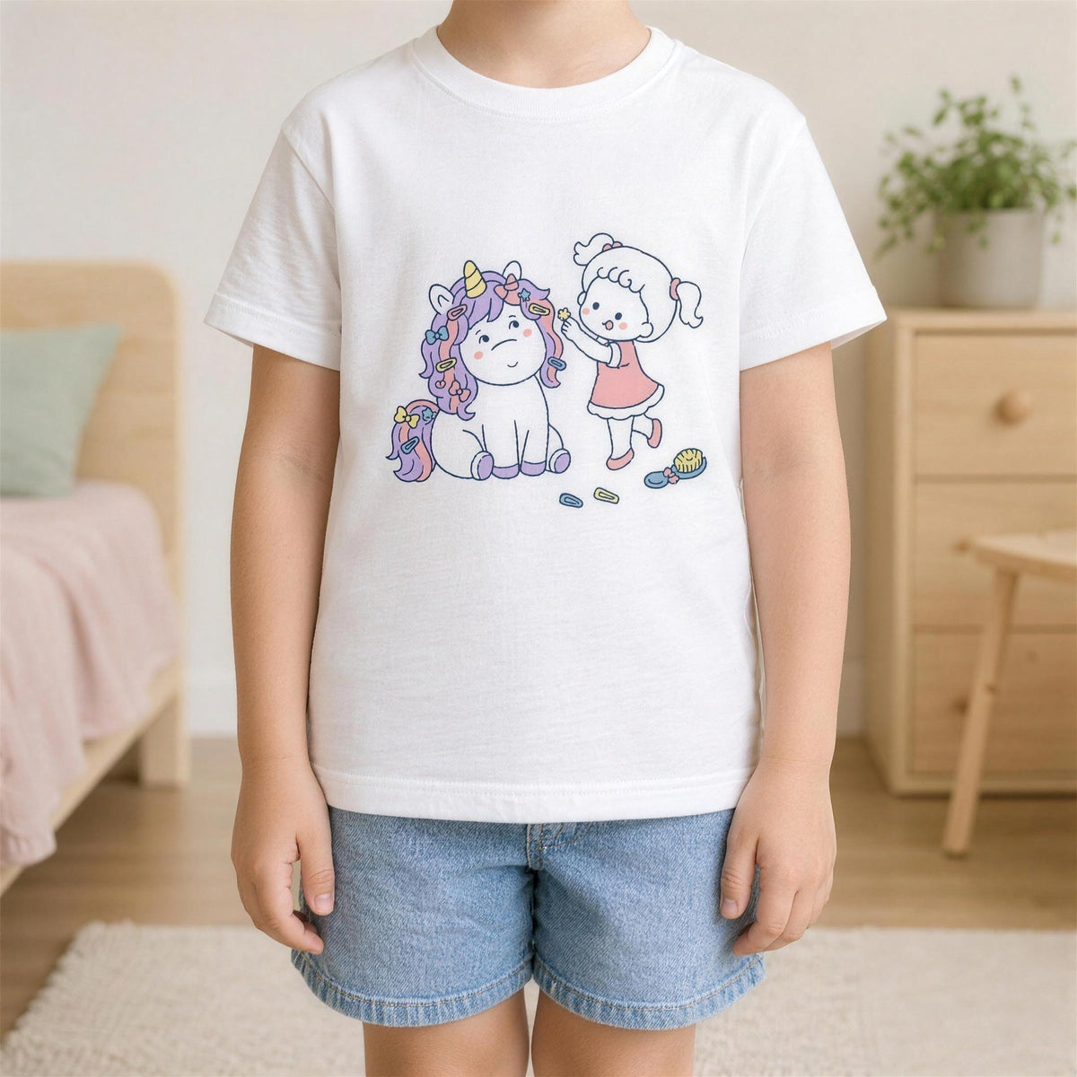 Mädchen im weißen T-Shirt mit dem Motiv „Haarspangen in der Mähne“ in einem hellen Kinderzimmer